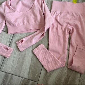 Pink Ribbed Crop Top and Leggings Set